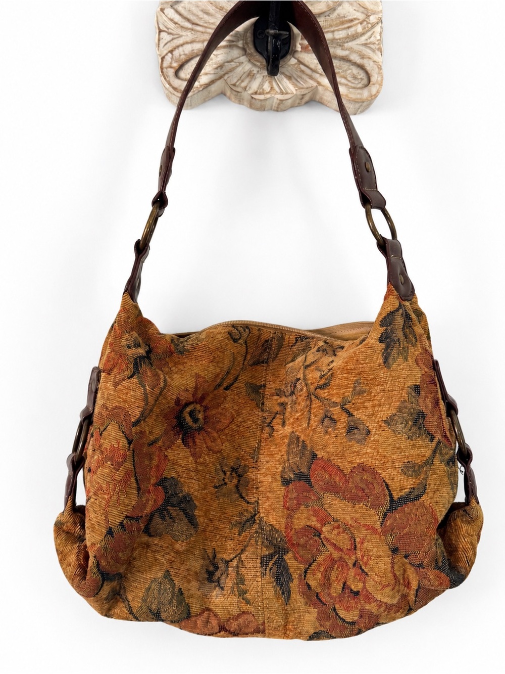 Vintage 90s Shoulder Bag Slouchy Hobo carpet bag Gold Boho Rose Floral Tapestry